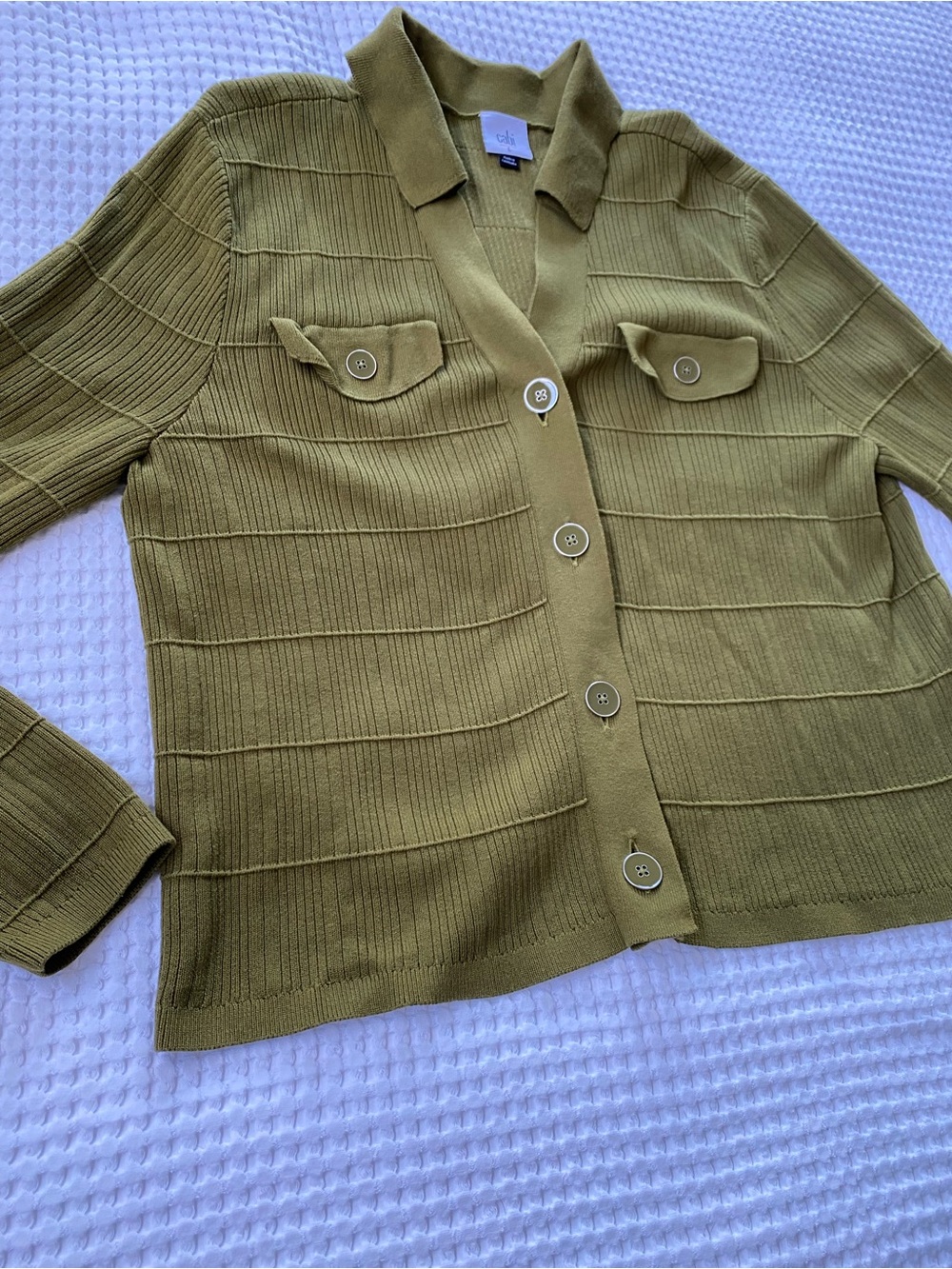 Cabi Exec Cardigan #4470 Olive Green Ribbed Button-Up Cardigan - Picture 4 of 14